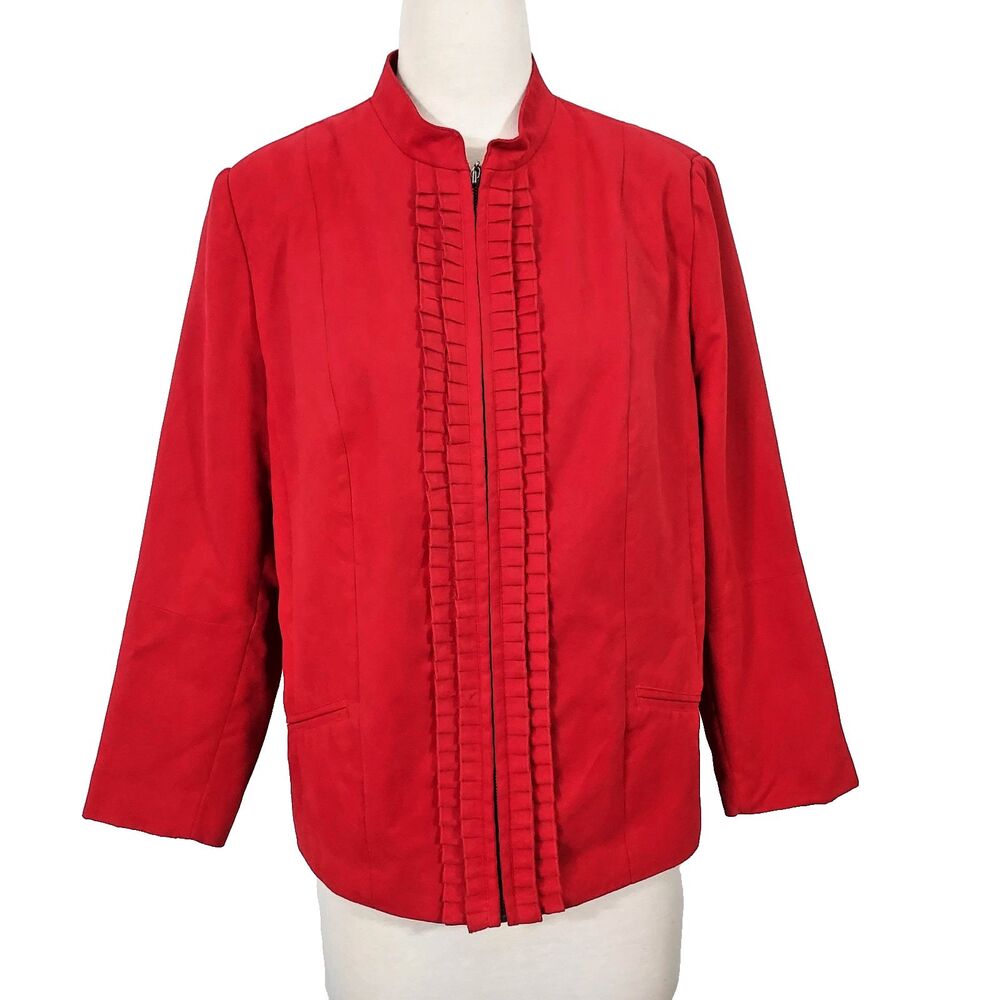 Tanjay Zip Up Faux Suede Jacket Women Size 16P Lined Red Ruffle Trim Long Sleeve